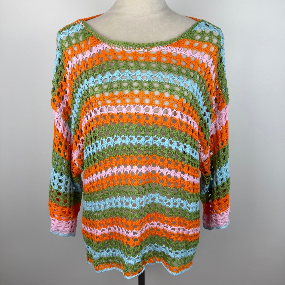NWT Dokotoo Womens Crochet Striped Sweater Multi Color Open Knit Boho Beach XL